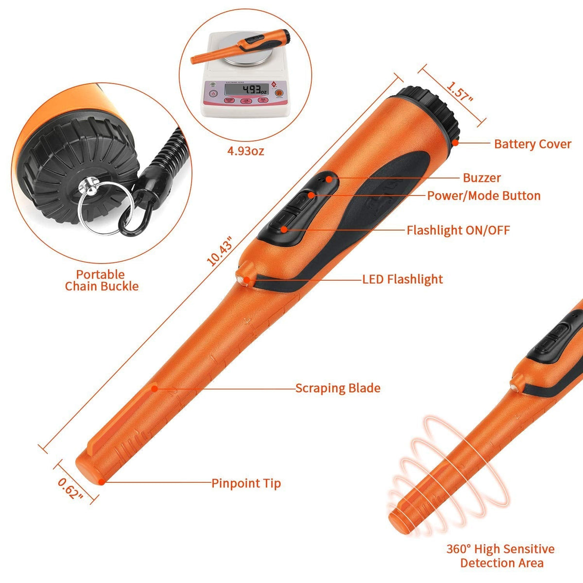 Fully Waterproof Pinpoint Metal Detector Pinpointer,Underwater Pin Pointer Wand With Holster Treasure Hunter Tool,Buzzer Vibration Sound (Three Mode) One Battery Included,Orange