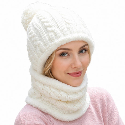 KAICAILA Women Winter One Piece Hooded Balaclava Knit Beanie Hats Pom Pom