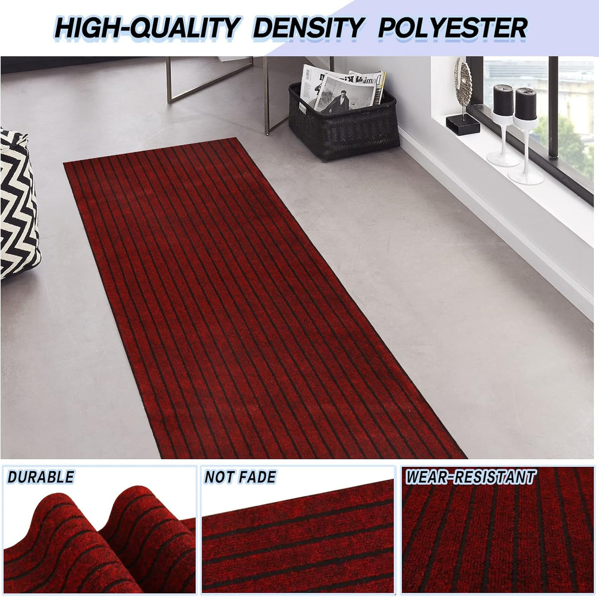 Custom Size Backed Non-Slip Area Rugs Runner, Easy Clean, Waterproof Runner Rugs for Hallway Entryway, Kitchen, Laundry, 3FT x 5FT, Red Stripe