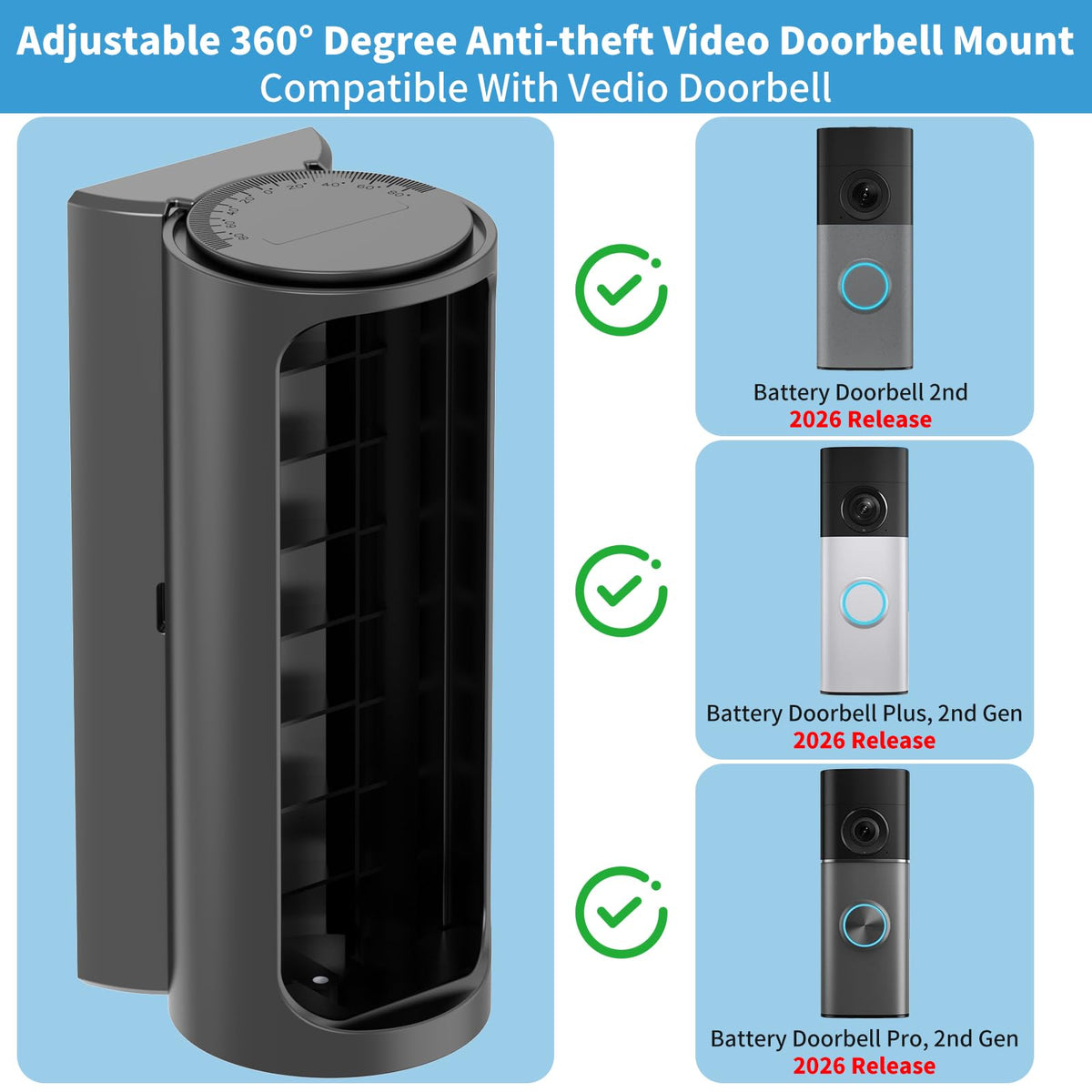 360�� Adjustable Ring Doorbell Angle Mount for 2026 Newest Battery Doorbell/Plus/Pro (2nd Gen), No-Drill Adhesive Corner Wedge Kit with Rain Cover, Anti-Theft Video Doorbell Kits for Houses Apartm
