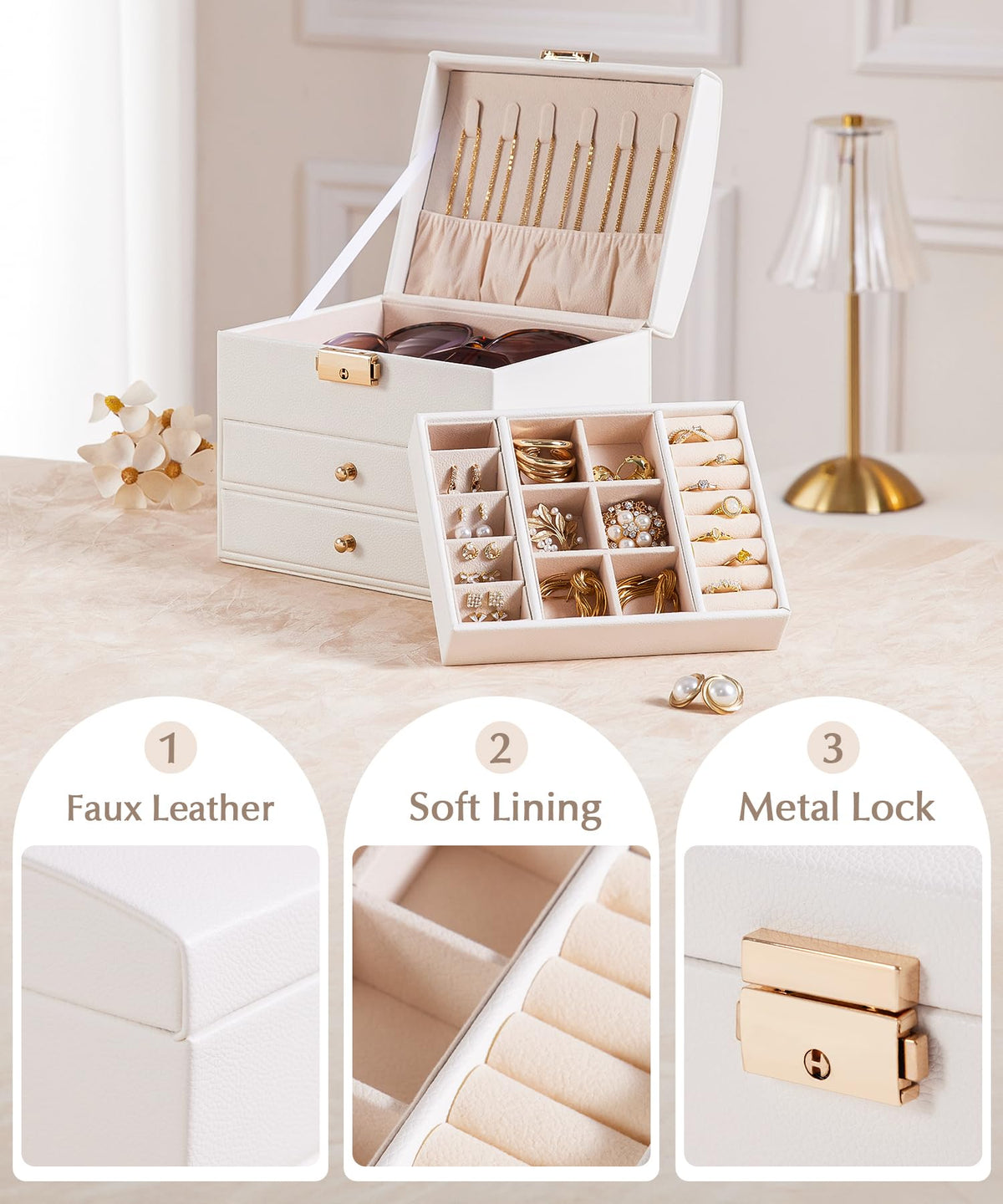 Homde Small Jewelry Box for Girls: 3-Layer Lockable Organizer (Cloud White)