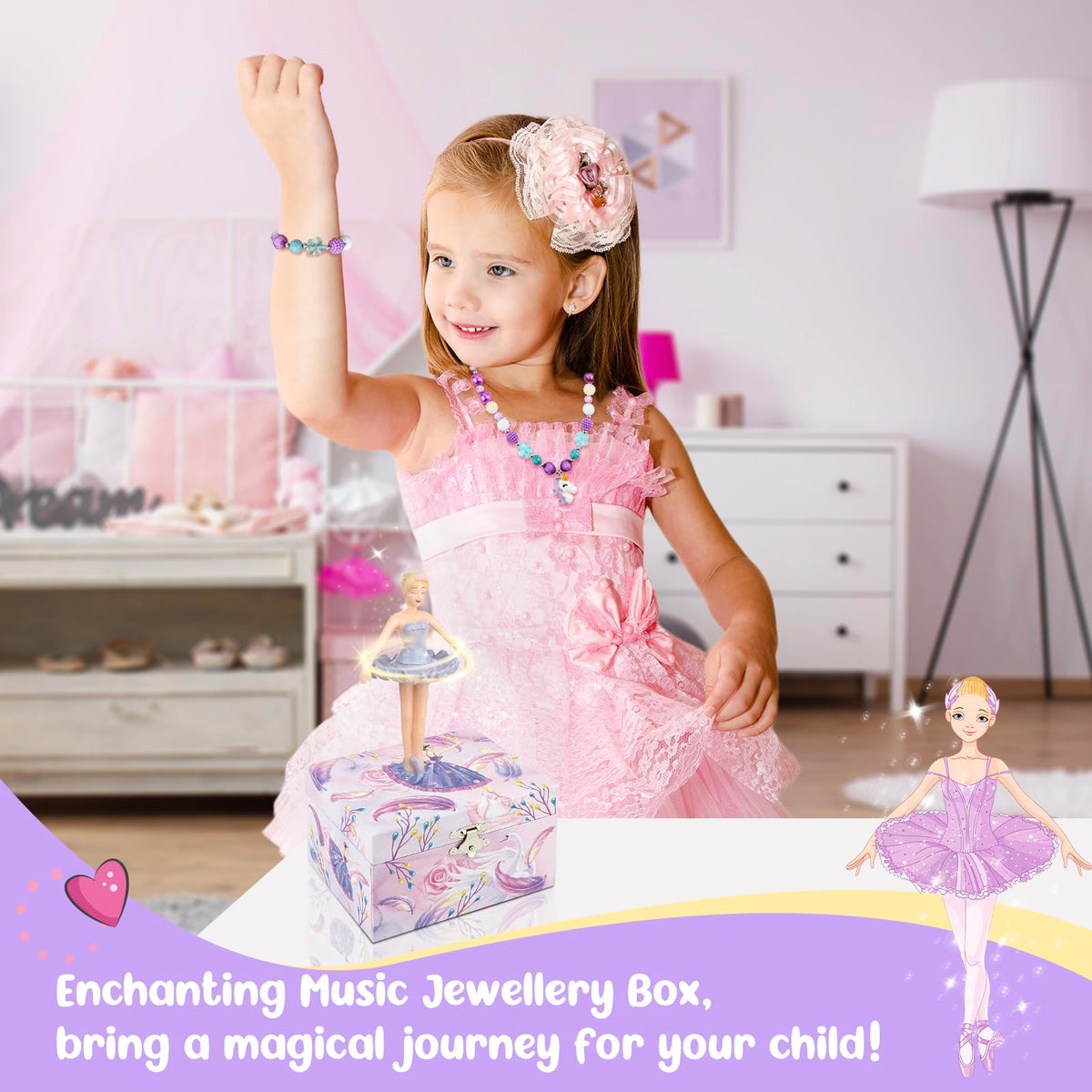 Homtibrm Musical Jewelry Box for Girls with Unicorn Jewelry Set, Kids Jewelry Box Music Box with Spinning Ballerina Birthday Gifts for Girls, Ballerina Swan Lake Tune