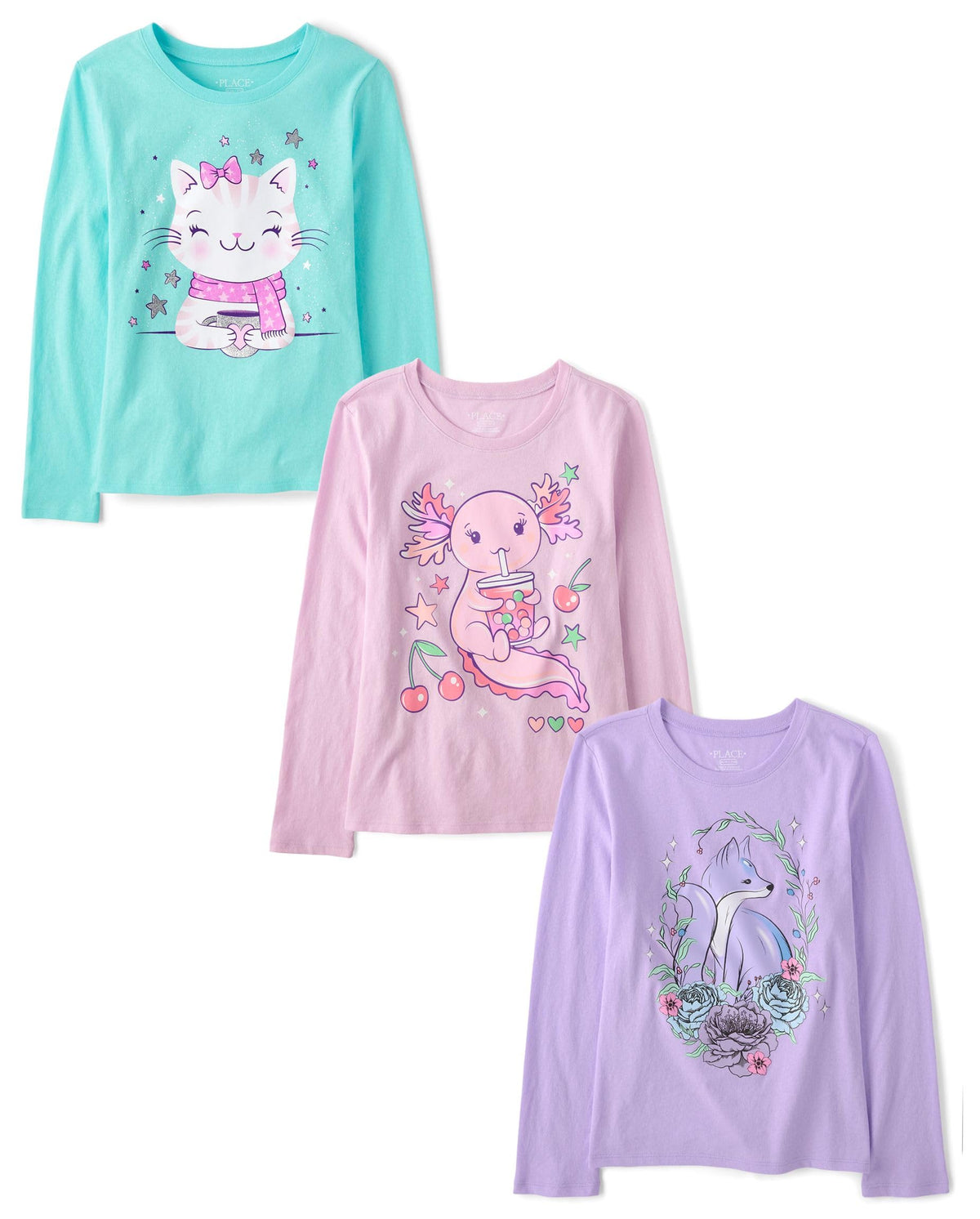 The Children's Place,Girls,Assorted Everyday Long Sleeve Graphic T-Shirts,Cat/XOLOTL/Fox 3-Pack,X-Large