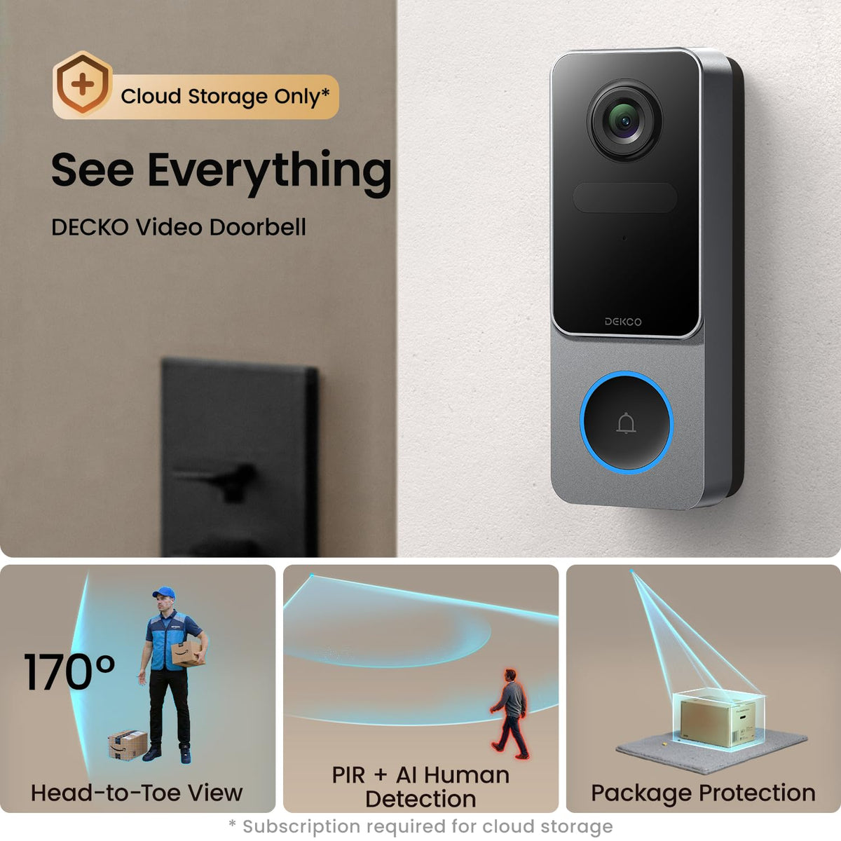 DEKCO 2K Wireless Video Doorbell Camera, Head-to-Toe View