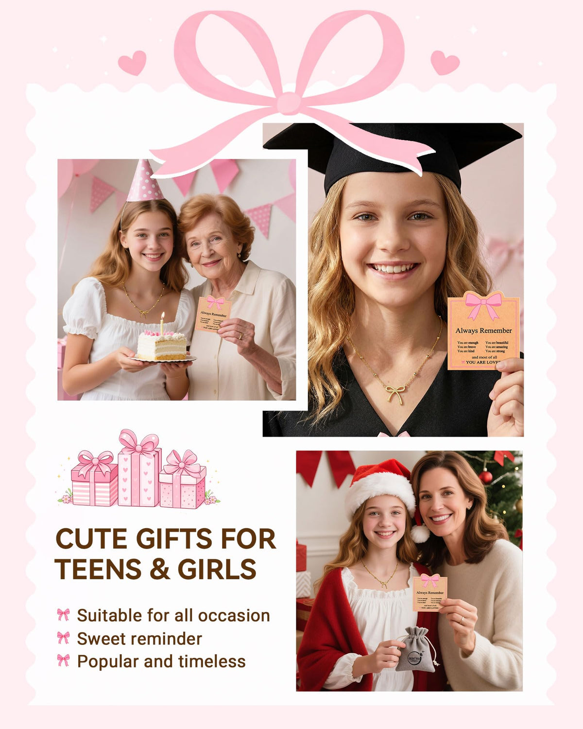 UNGENT THEM Bow Necklace Jewelry Tween Teen Girl Gifts Trendy Stuff Cute Girly Preppy Things 8 10 12 14 16 18 13 11 9 Year Old Birthday Teenage Girls Gift Ideas