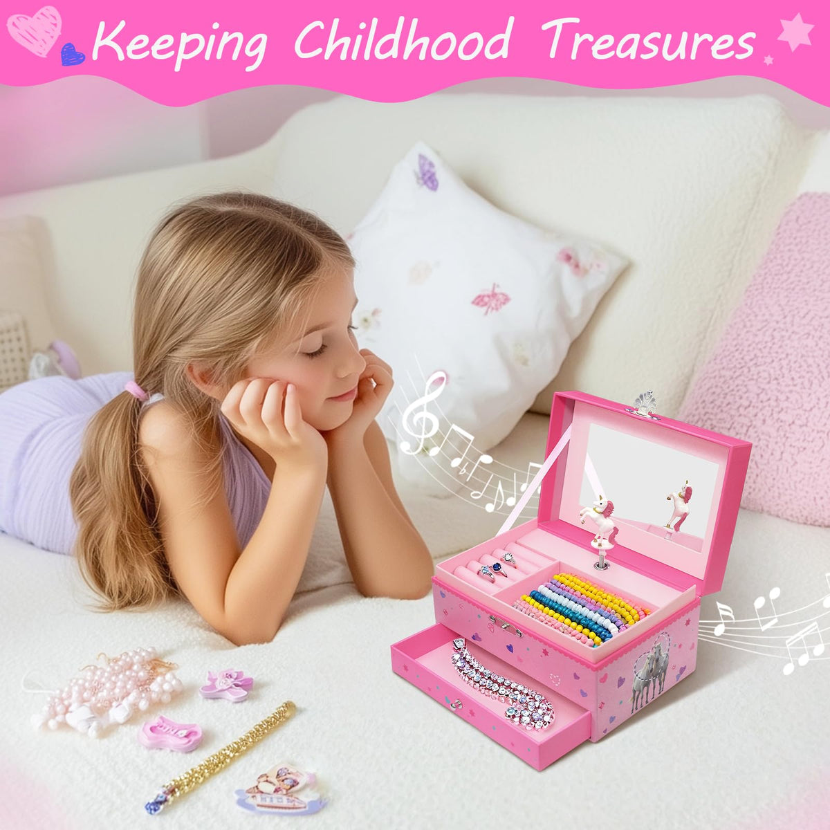 Jewelry Box for Girls with Drawer, Musical Kids Jewelry Box for Girls Gifts