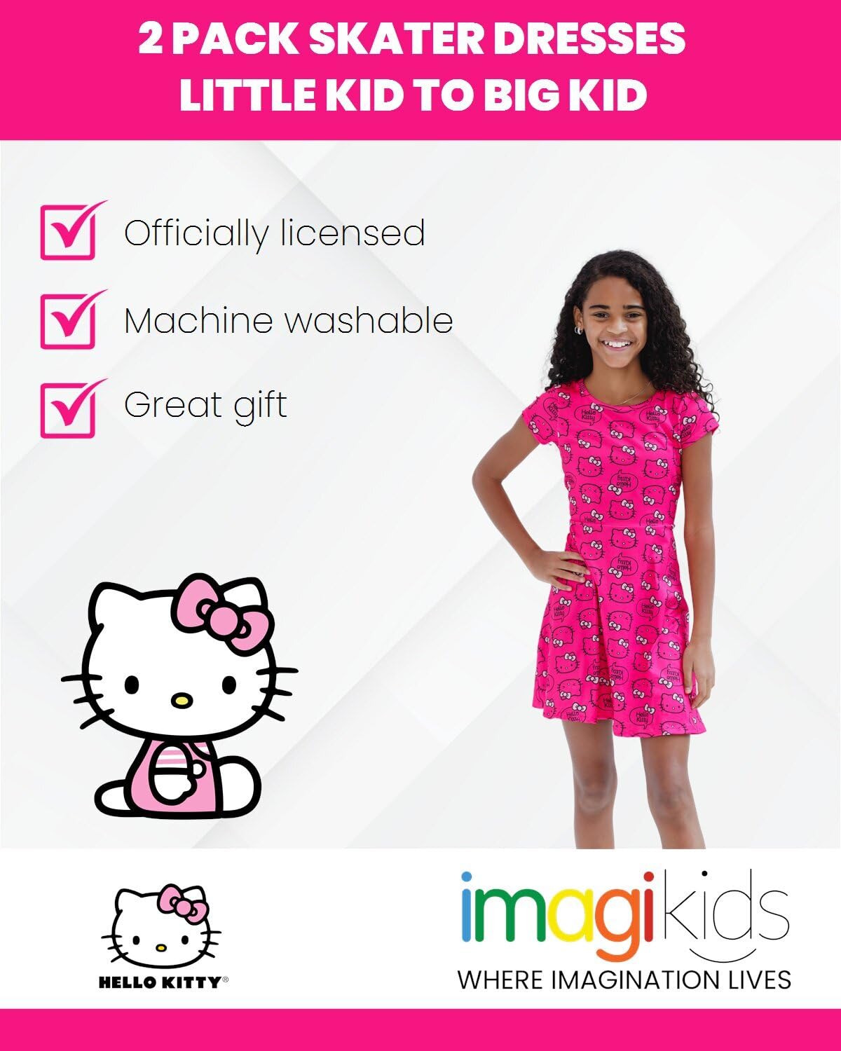 Hello Kitty Big Girls' 2-Pack Short Sleeve Allover Print and Graphic Knit Tee Dresses Fuchsia Pink Kitty 10-12