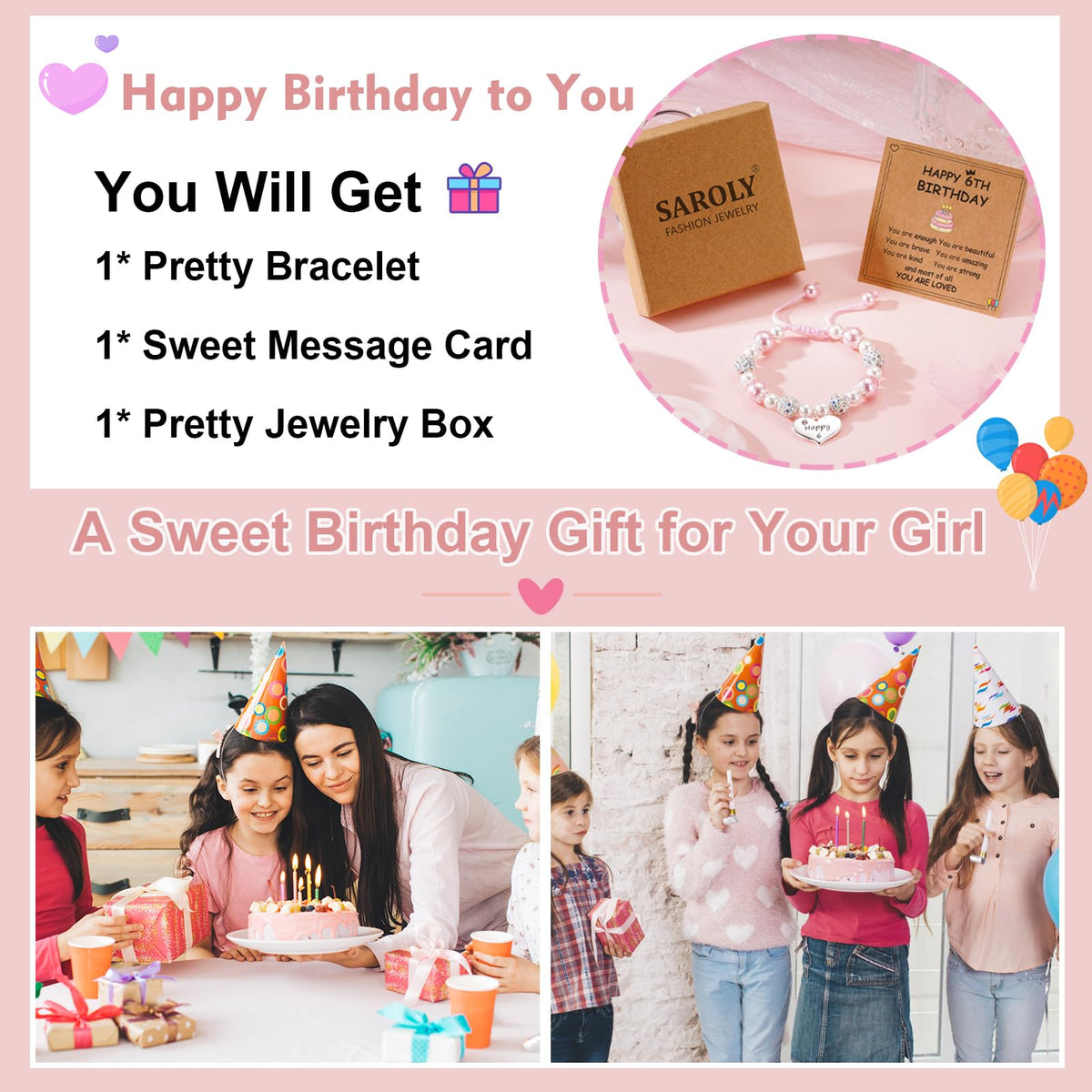 Saroly 5 Year Old Girl Birthday Gifts, Adjustable Pink Pearl Heart Pendant Beaded Bday Bracelet as 5yr Five Year Old 5th Birthday Christmas Jewelry Gifts for Girls Daughter Granddaughter Niece Sister Decorations