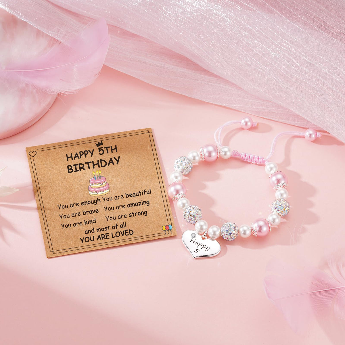 Saroly 5 Year Old Girl Birthday Gifts, Adjustable Pink Pearl Heart Pendant Beaded Bday Bracelet as 5yr Five Year Old 5th Birthday Christmas Jewelry Gifts for Girls Daughter Granddaughter Niece Sister Decorations