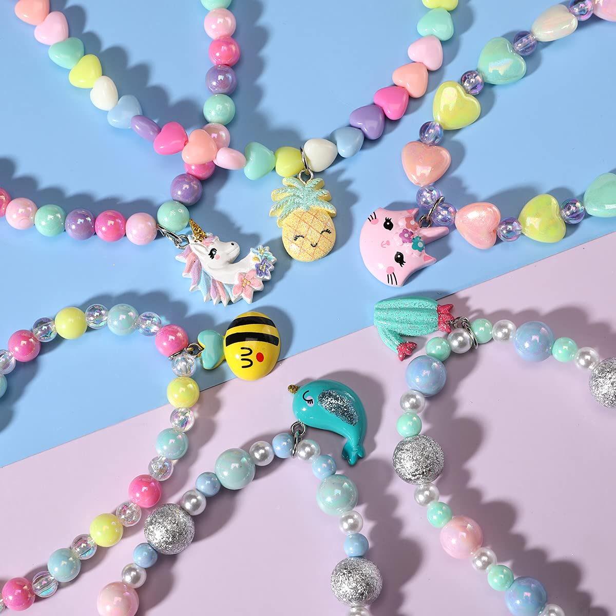 PinkSheep Jewelry Sets Beaded Necklace and Beads Bracelet for Kids Girls 10 Sets Unicorn Cat Bird Owl Necklace and Beads Little Favors Bags for Girls Princess Dress Up Pretend Play