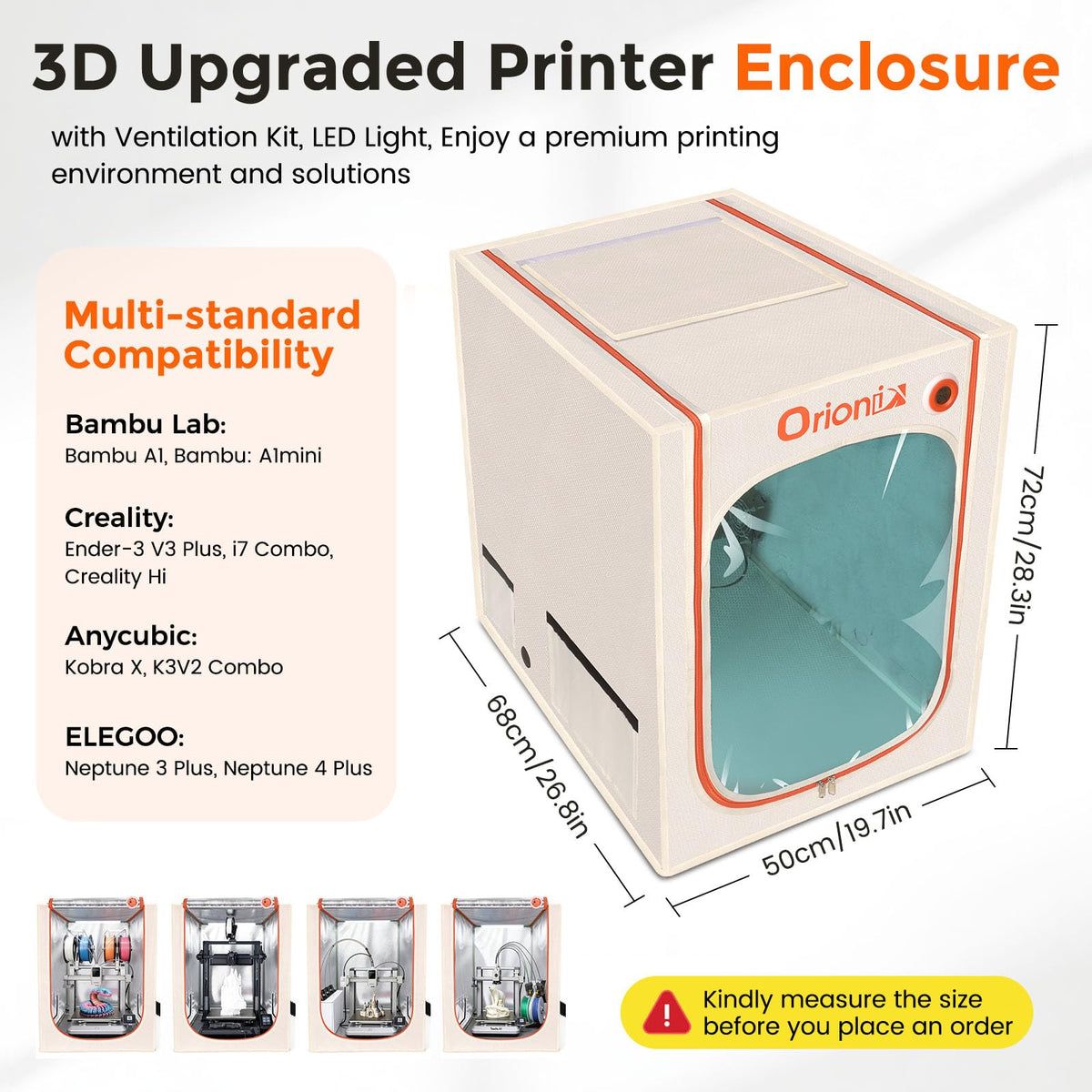 3D Printer Tent Enclosure for Anycubic Kobra X, Upgraded Large Cover with Ventilation & LED Light - Dustproof, Waterproof, Fireproof, Sound Dampening & Temperature Retaining, 19.7x26.8x28.3in