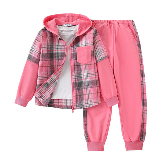 EDFTM 2Pcs Girls Clothes Zip Up Plaid Flannel Sweatshirt and Jogger Sweatpants for Kids Fall Winter Spring Outfits Pink 7-8 Years