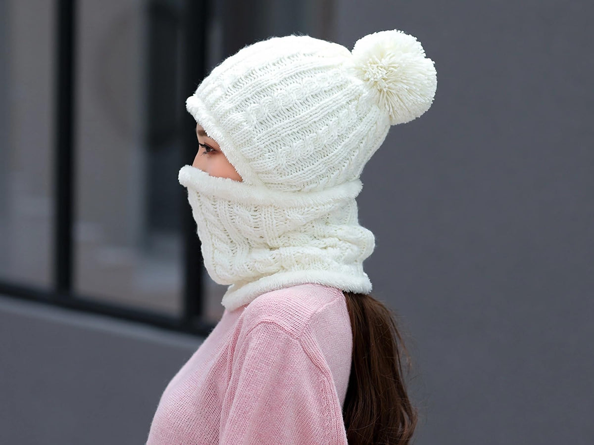 KAICAILA Women Winter One Piece Hooded Balaclava Knit Beanie Hats Pom Pom