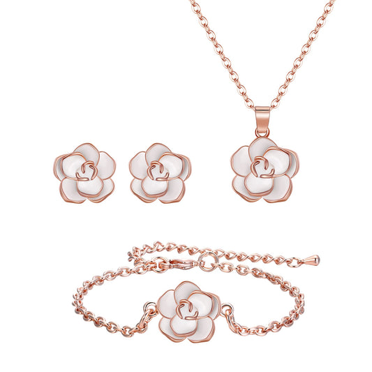 EleQueen Rose Flower 18K Gold Plated Child Jewelry Set White Rose-Gold-Tone