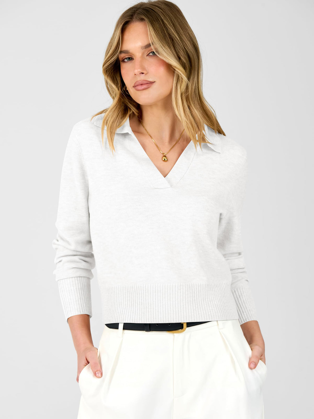 ANRABESS Sweaters for Women Cropped Polo Collared Long Sleeve,White,XS