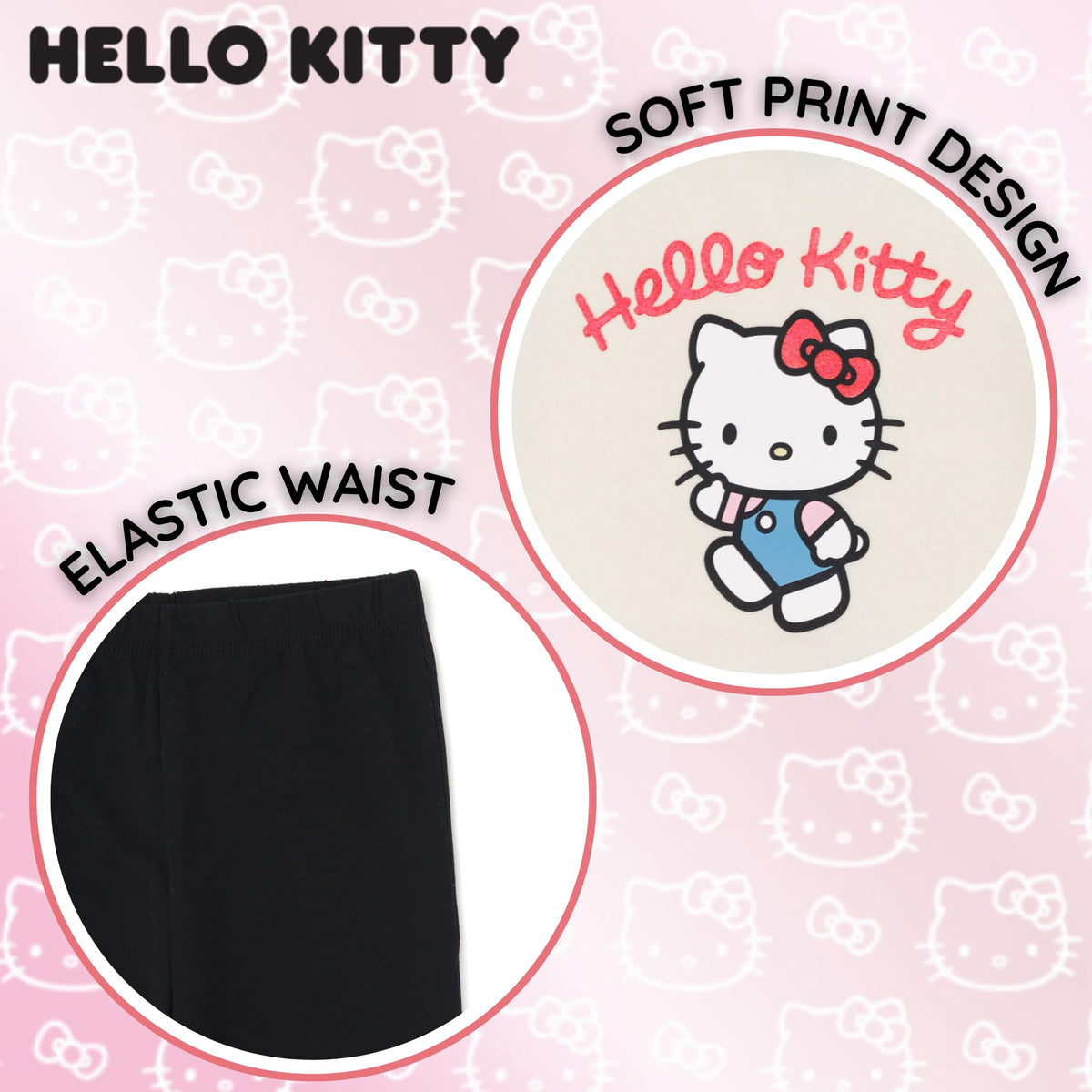 Hello Kitty Little Girls Fleece Pullover Peplum Sweatshirt and Ribbed Flare Leggings Outfit Set White/Black 7-8