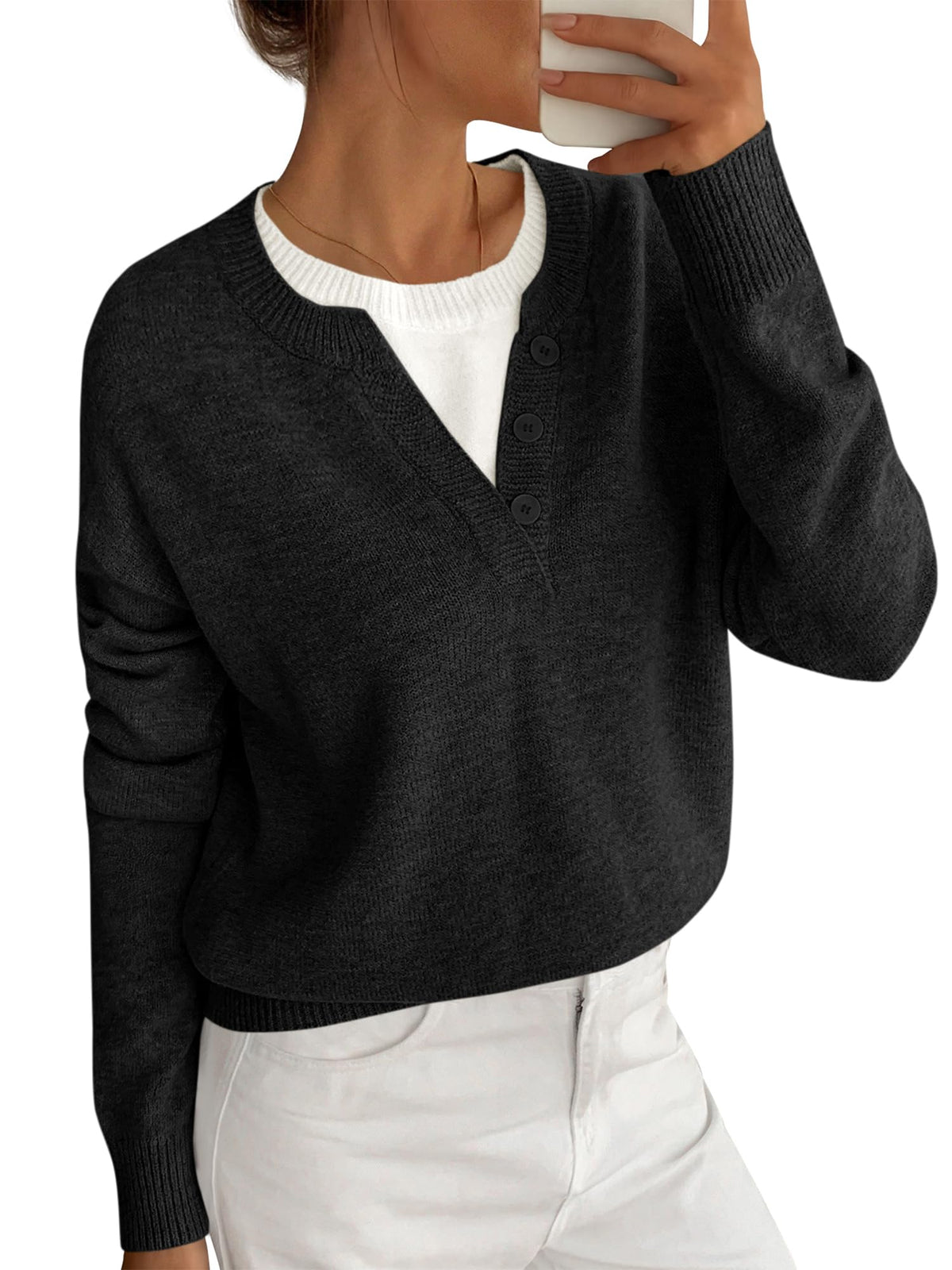 BTFBM Women Long Sleeve Crew Neck Sweaters 2 in1 Knitted Oversized Tops