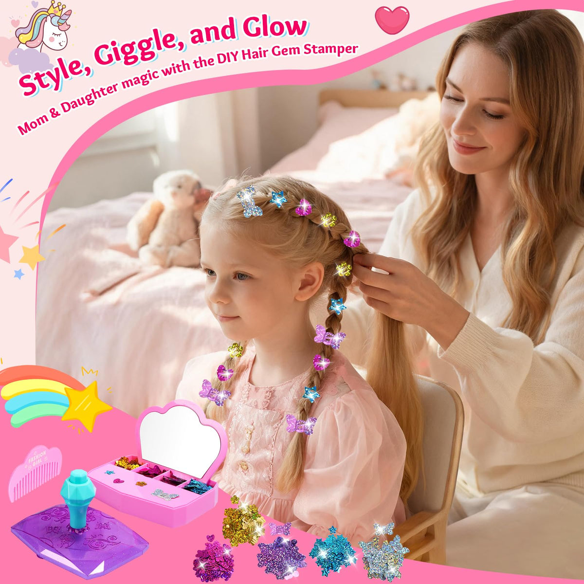 Pluspace Hair Gem Stamper Kit for Girls Ages 6-15, 600+ Hair Gems