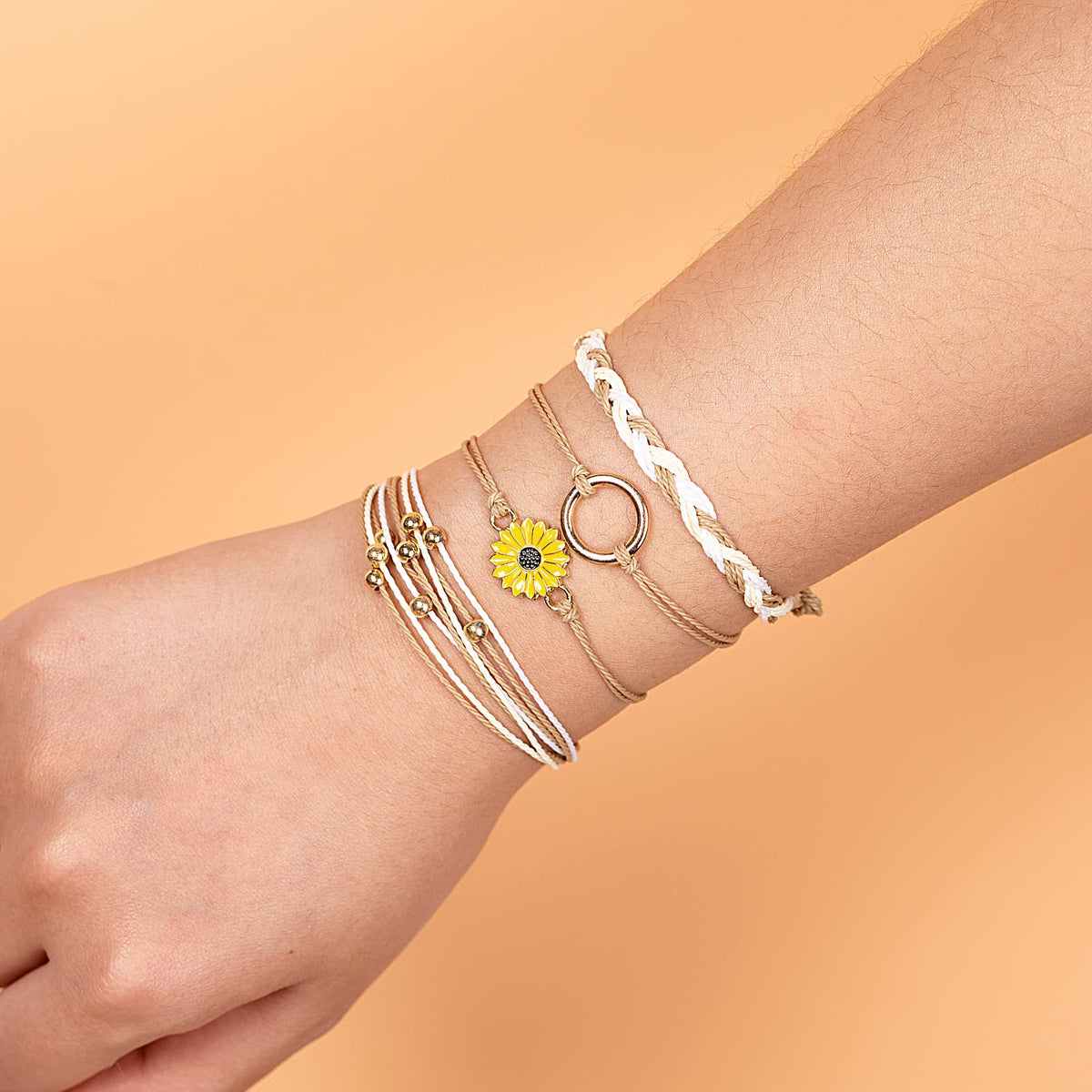 Tan Stackable Sunflower String Bracelets Cute Boho Summer Beach Jewelry
