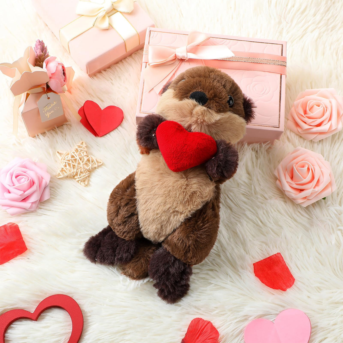 Blueweenly Sea Otter Stuffed Animal Plushie with Red Heart 9.84 Inches