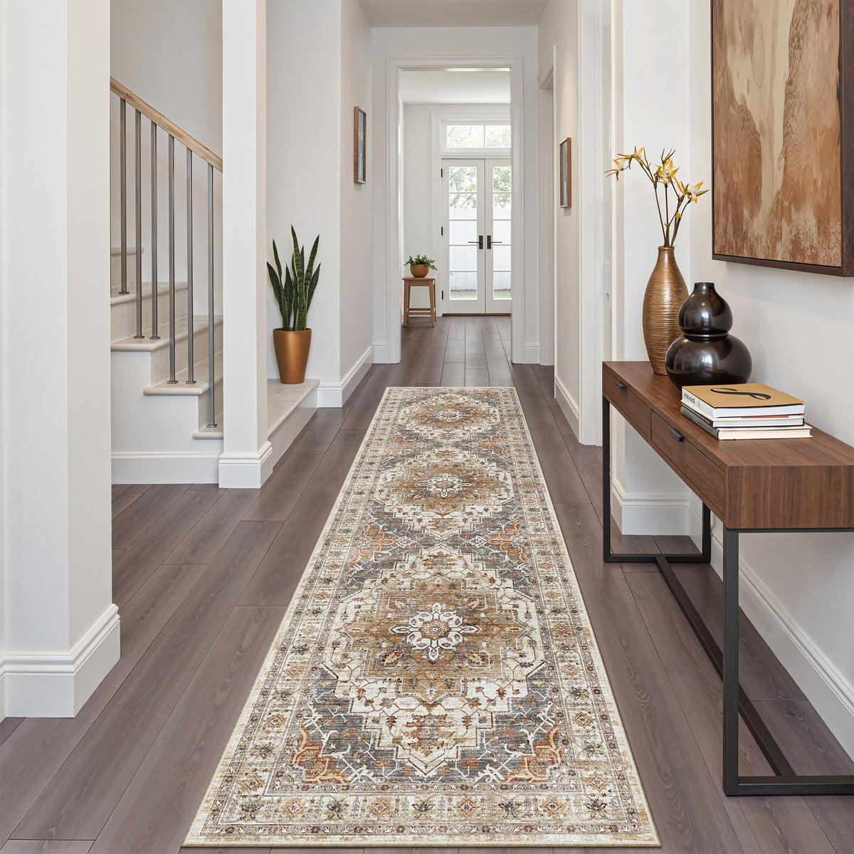 Madane Hallway Runner Rug 2x8 Washable Kitchen Rugs Non-Slip, Turmeric/Grey