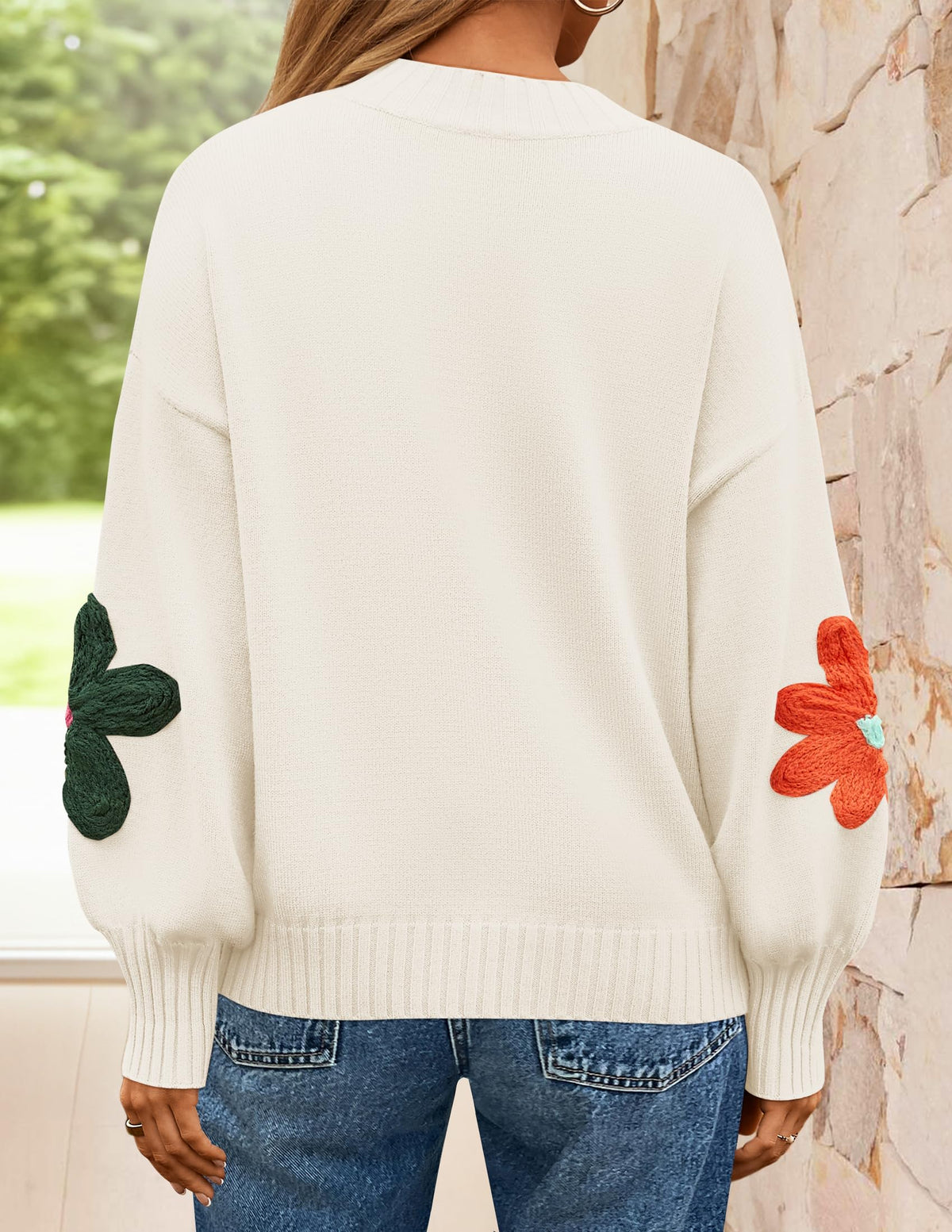 ZESICA Womens Fall Winter Floral Sweaters Cute Knit Pullover Tops, Ivory, L