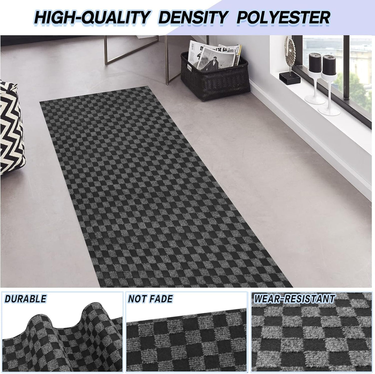 Custom Size Backed Non-Slip Area Rugs Runner, Easy Clean, Waterproof Runner Rugs for Hallway Entryway, Kitchen, Laundry, 3FT x 55FT, Gray Checkered