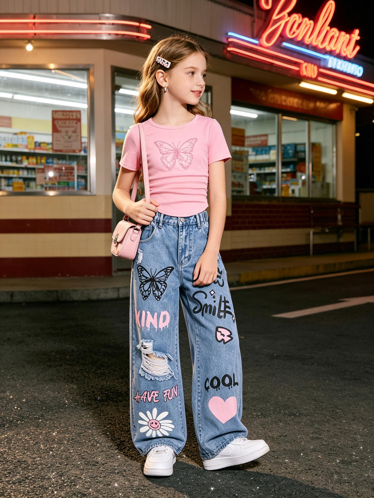 LKALPSQ Girls Outfits Teen Girls Clothes Butterfly Graphic Crop Short Sleeve T Shirts & Ripped Print Wide Leg Jeans 2PCS Girls Clothing Set 9-10 Years