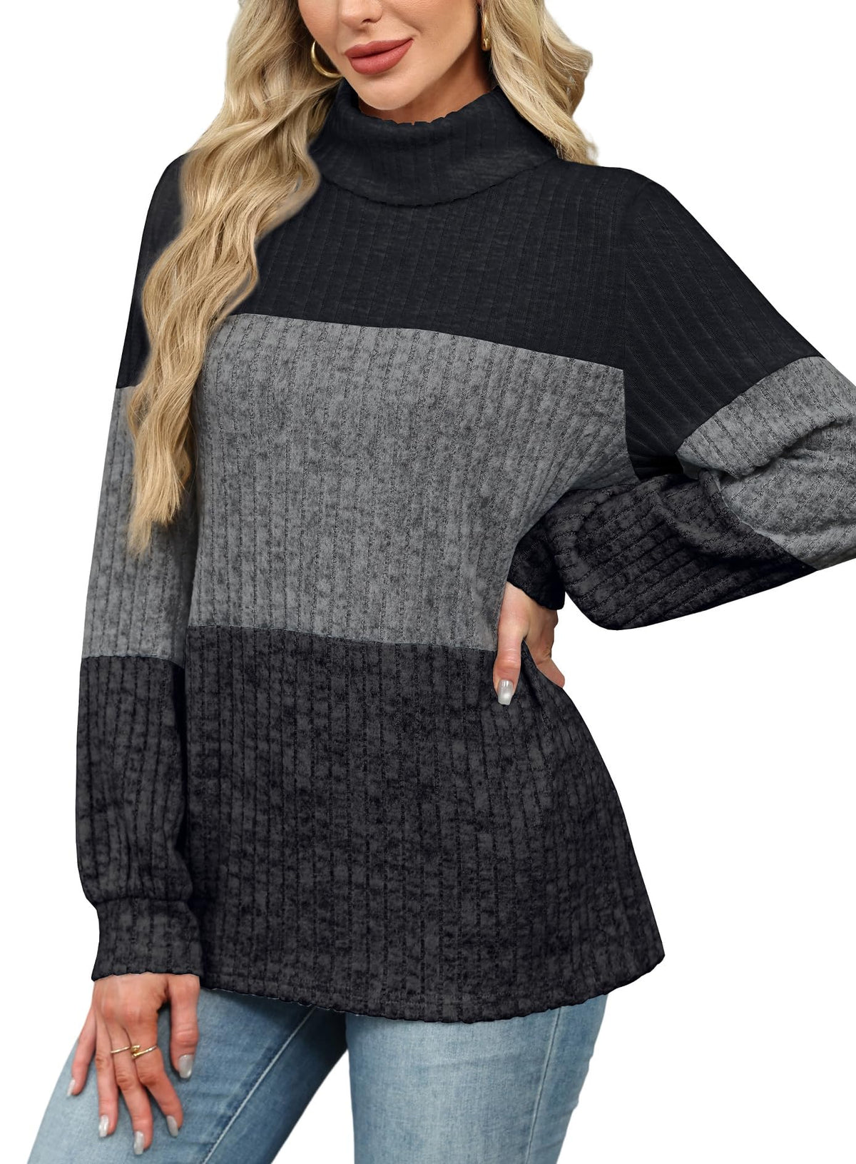 Womens Sweaters Plus Size Winter Clothes Fall Fashion 2026 Turtlenecks Boho Tops Long Sleeve Going Out Ladies Tops and Blouses Color Block M