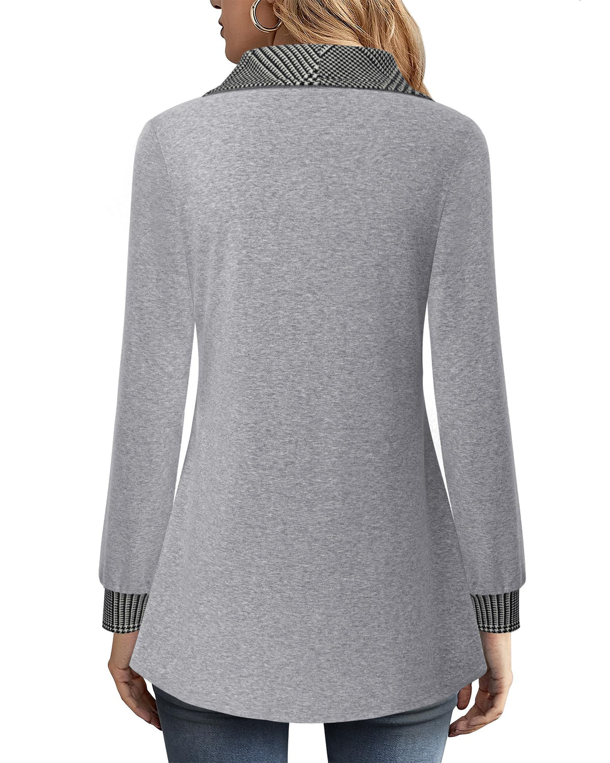 VALOLIA Winter Clothes for Women: Clothes for Women - Tunic Sweaters to Wear with Leggings - Womens Tunic Tops to Wear with Leggings Zipper Neck Lapel Plaid Fashion Zip Up Sweatshirt Light Gray Medium