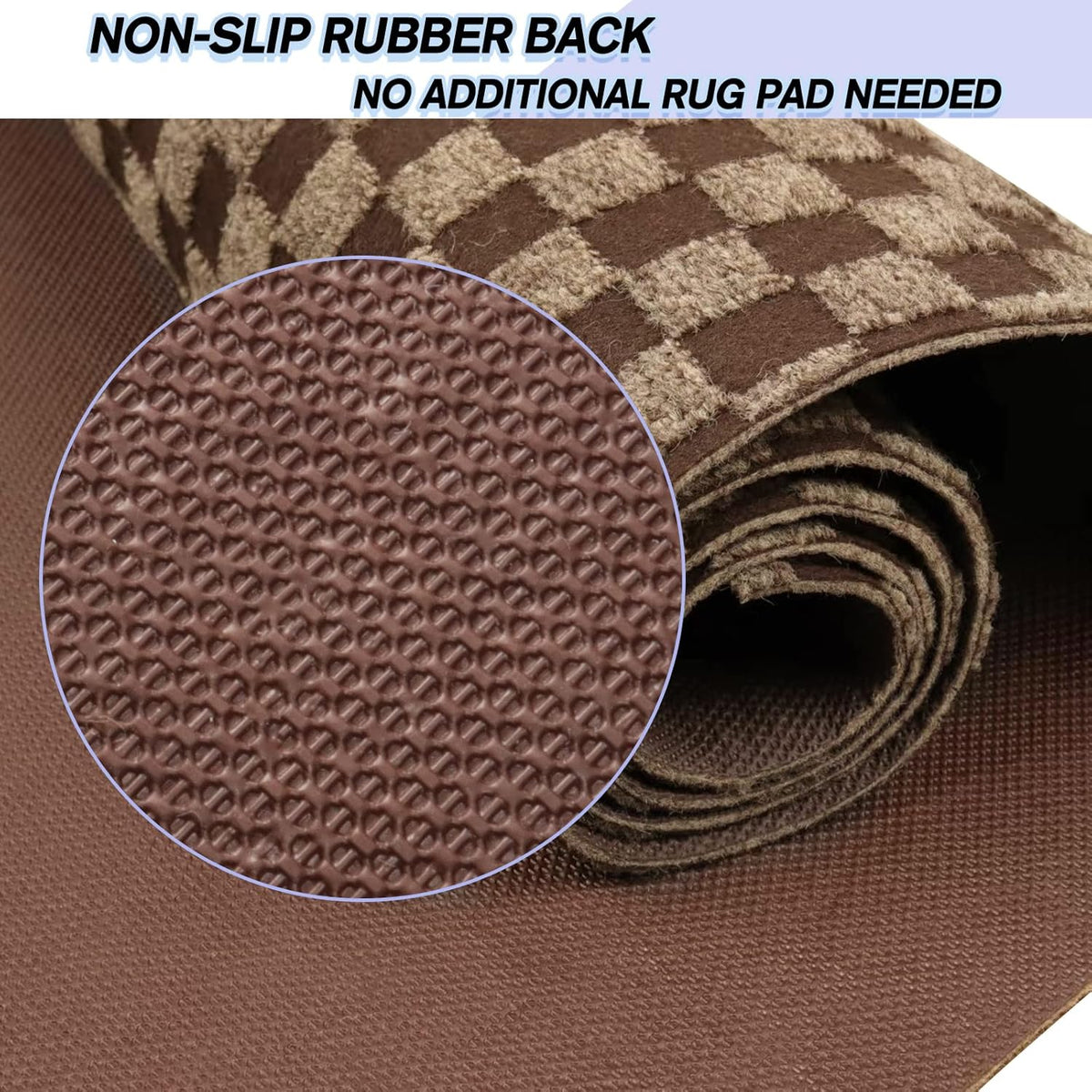 Custom Size Backed Non-Slip Area Rugs Runner, Easy Clean, Waterproof Runner Rugs for Hallway Entryway, Kitchen, Laundry, 3FT x 60FT, Brown Checkered