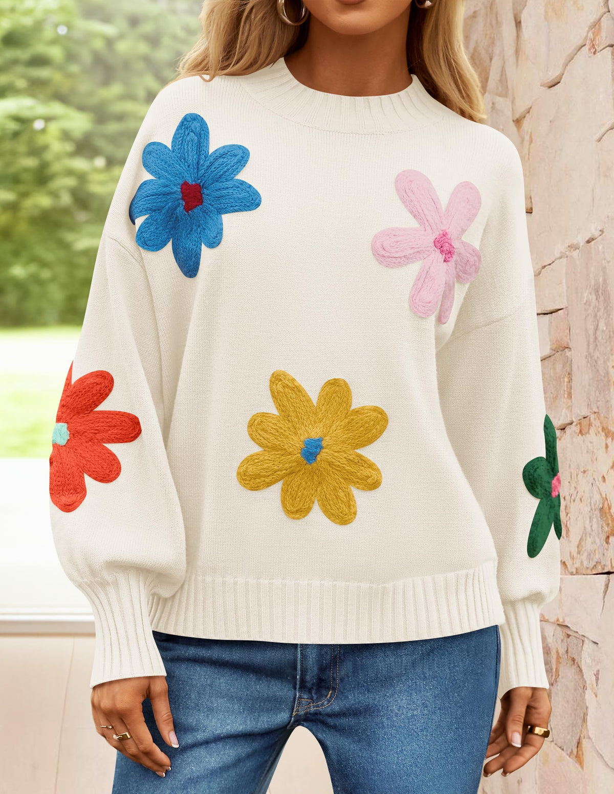 ZESICA Womens Fall Winter Floral Sweaters Cute Knit Pullover Tops, Ivory, L