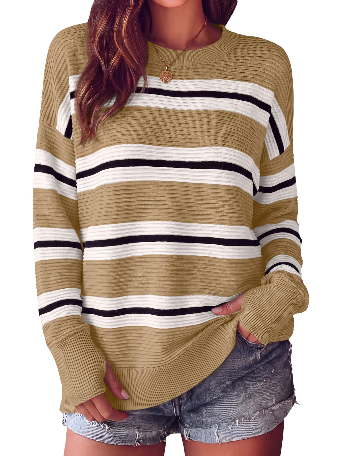 ANRABESS Women Long Sleeve Ribbed Sweaters & Thumb Hole Navy Blue L
