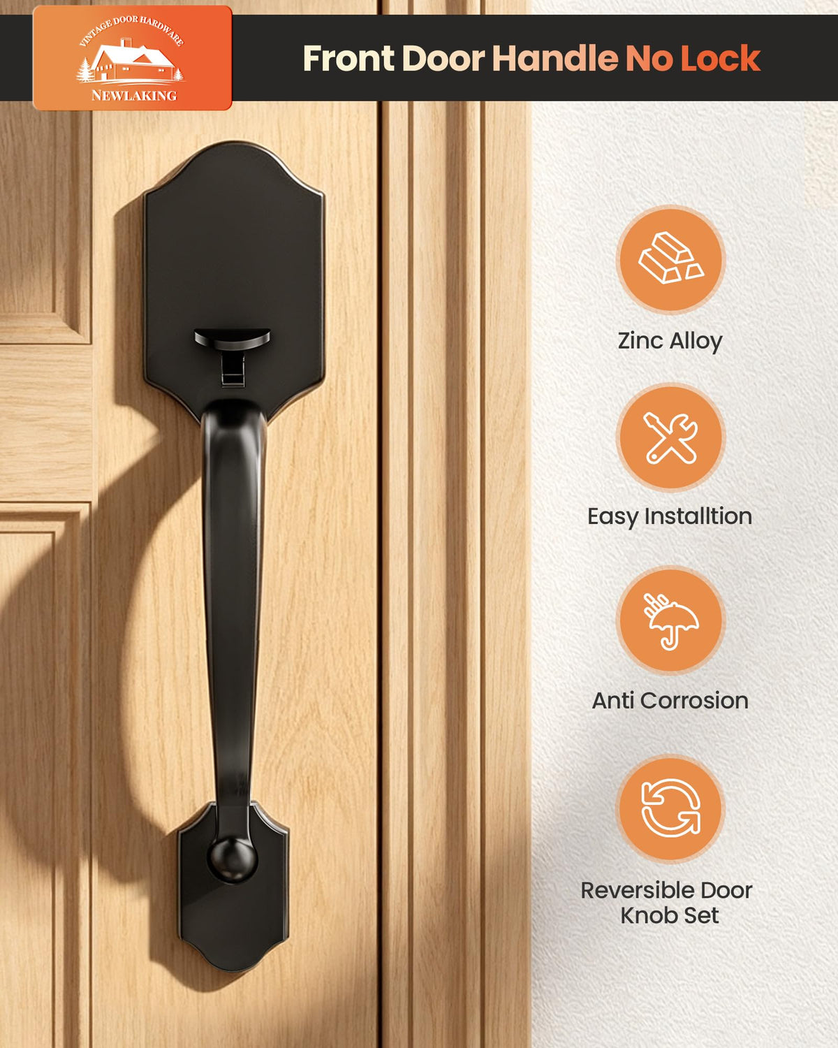 Front Door Handle with Reversible Knob Handle, Matte Black, Zinc Alloy