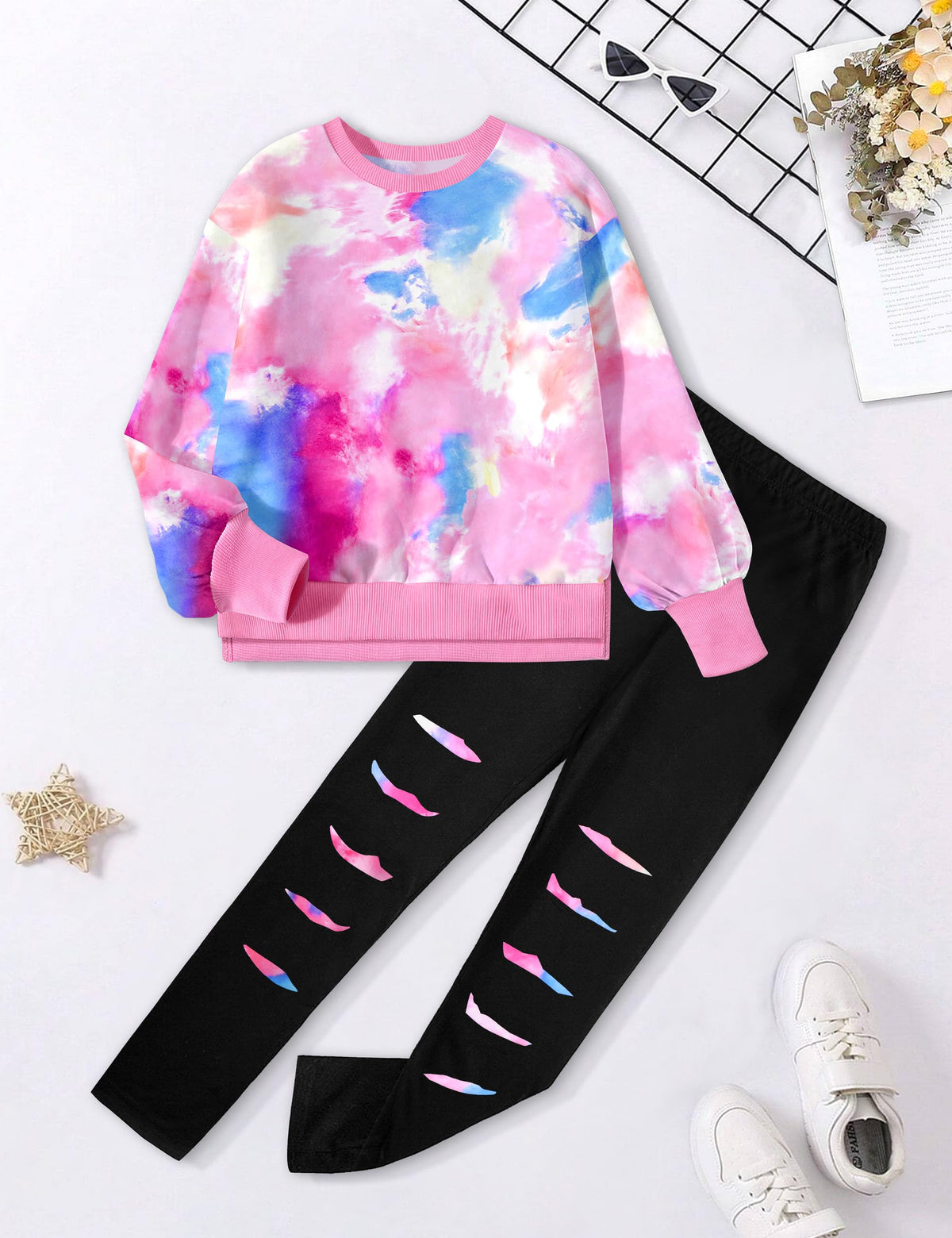 Tomolant Girls Clothes Size 6, Kids Clothes Tie Dye Sweatshirt Pants Set