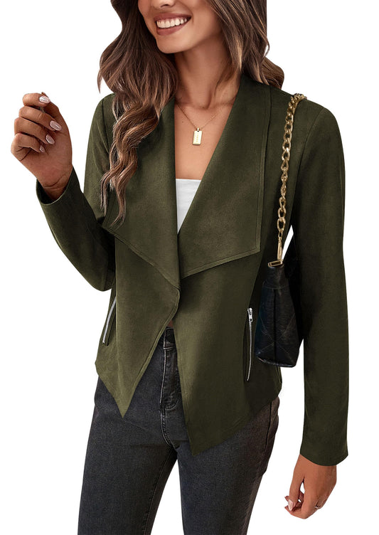 PRETTYGARDEN Women's Fall Fashion Faux Suede Jackets(Army Green,Large)