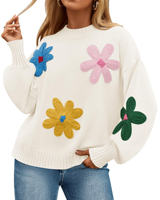 ZESICA Womens Fall Winter Floral Sweaters Cute Knit Pullover Tops, Ivory, L