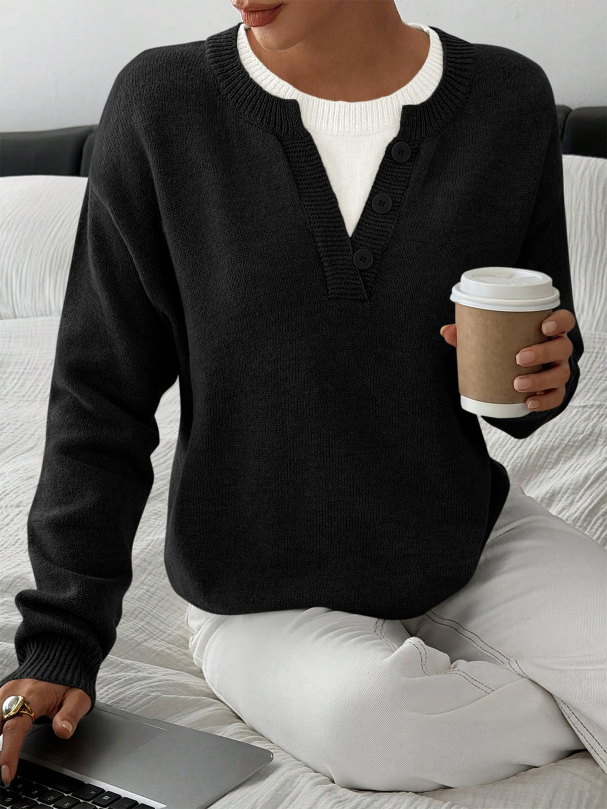 BTFBM Women Long Sleeve Crew Neck Sweaters 2 in1 Knitted Oversized Tops