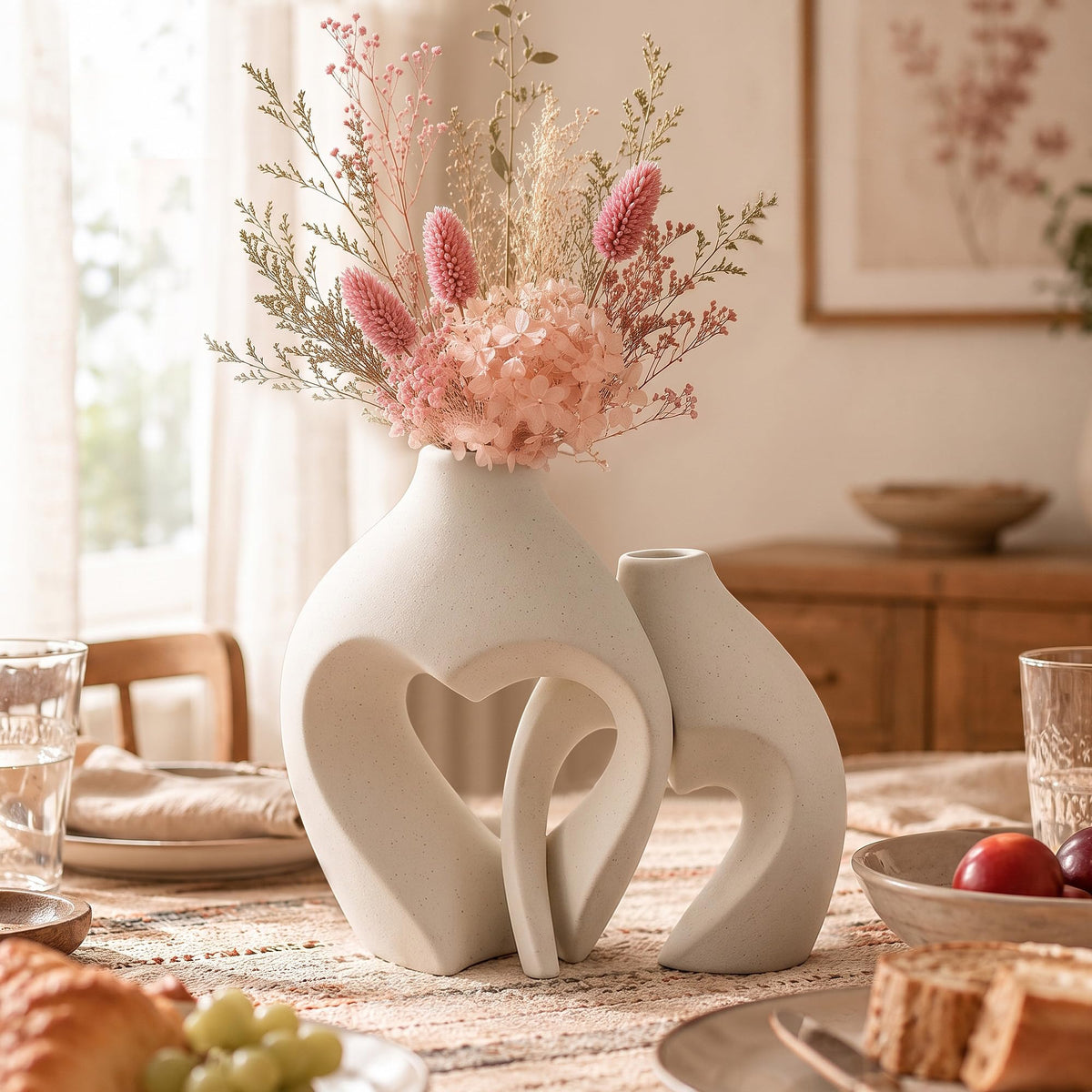 White Ceramic Flower Vase Home Table Decor Heart Shaped Vase Set of 2