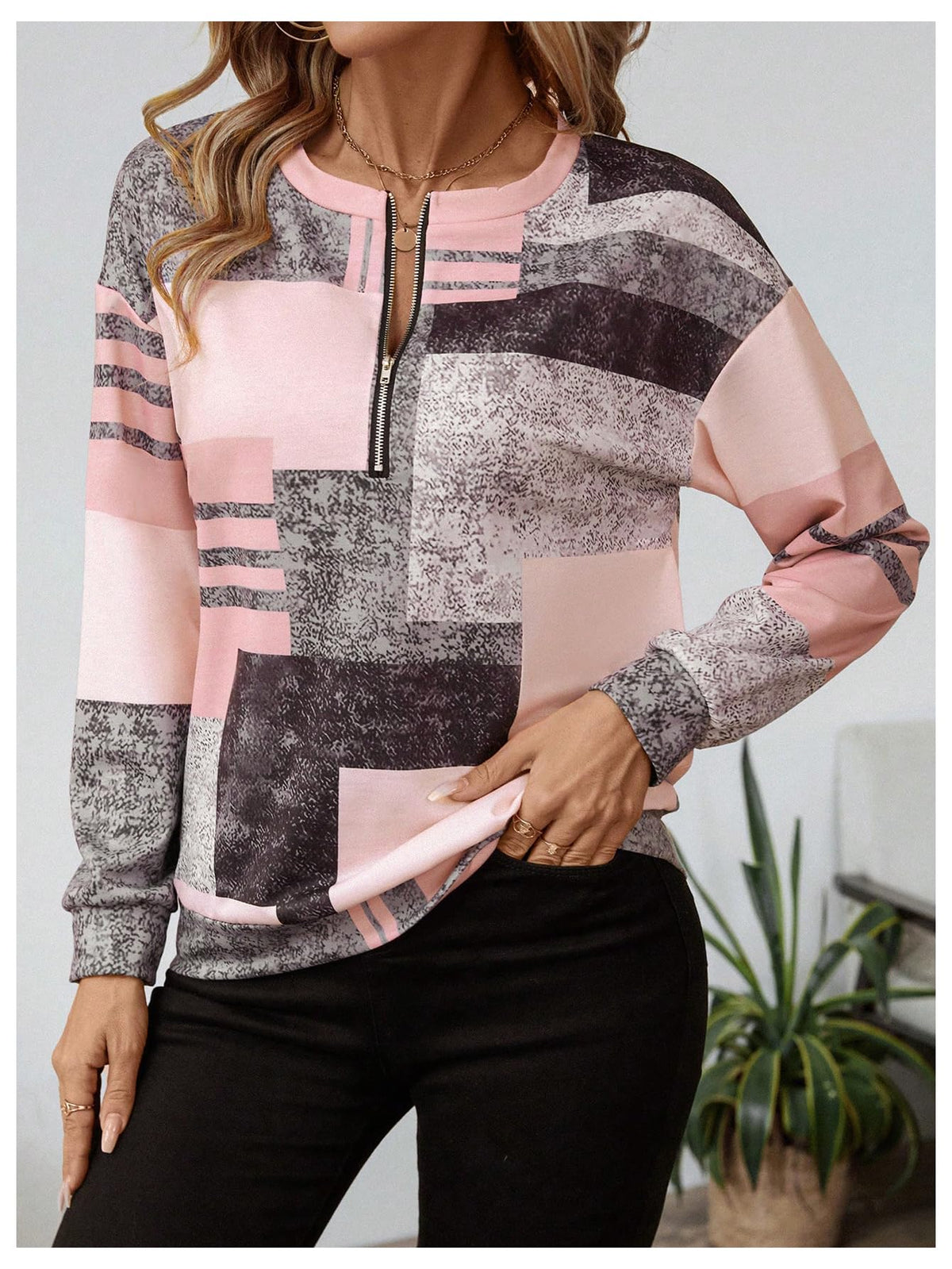 SOLY HUX Women's Color Block Printed Quarter Zip Sweatshirt Pullover Tops