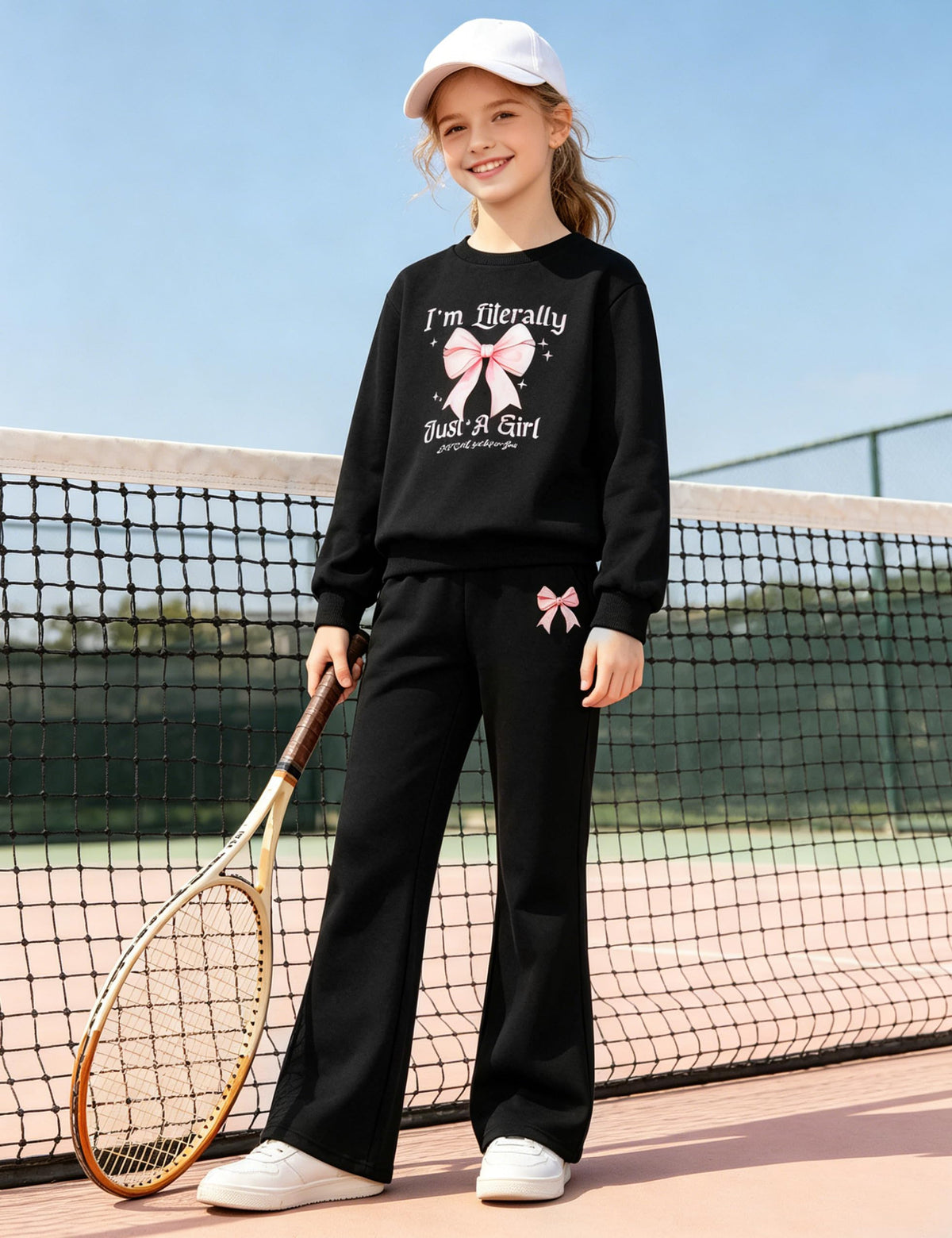 Gaupafmb Girls' Clothing Sets 2 Piece Watercolor Bow Letter Print Graphic Crewneck Sweatshirt Top and Flared Pants Black Teen Girls Clothes Size 10-12 Years