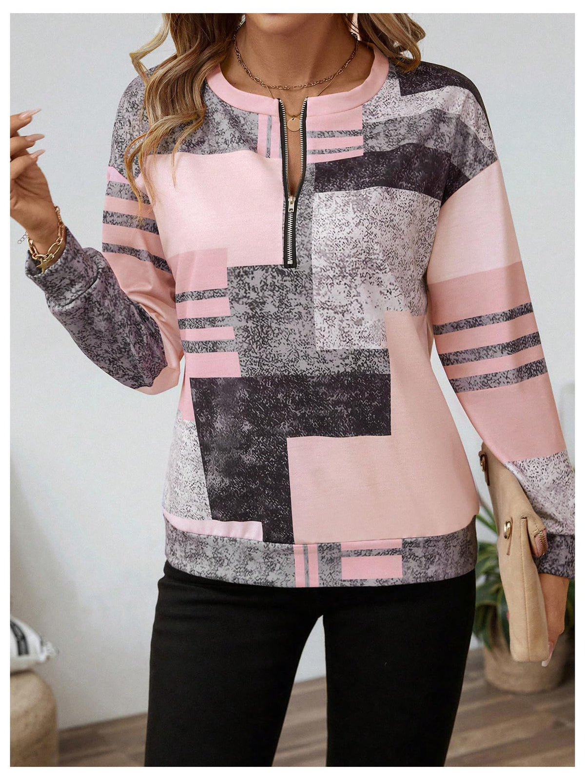SOLY HUX Women's Color Block Printed Quarter Zip Sweatshirt Pullover Tops