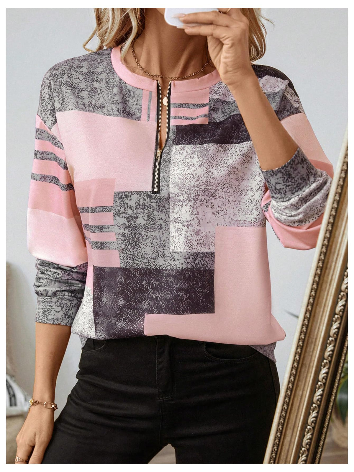 SOLY HUX Women's Color Block Printed Quarter Zip Sweatshirt Pullover Tops