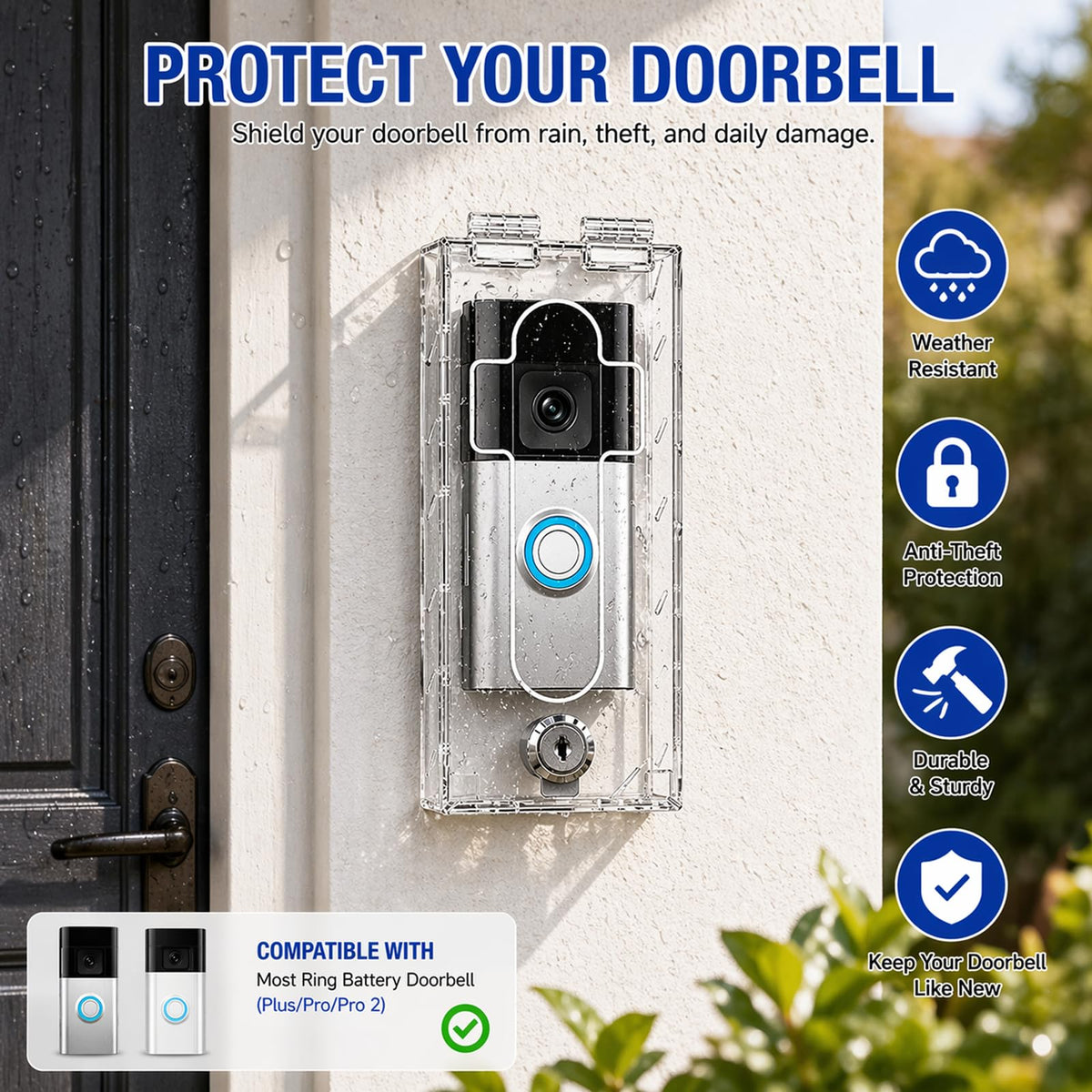Outdoor Anti-Theft Doorbell Lock Box for Ring, Clear Acrylic Slip-On Cover