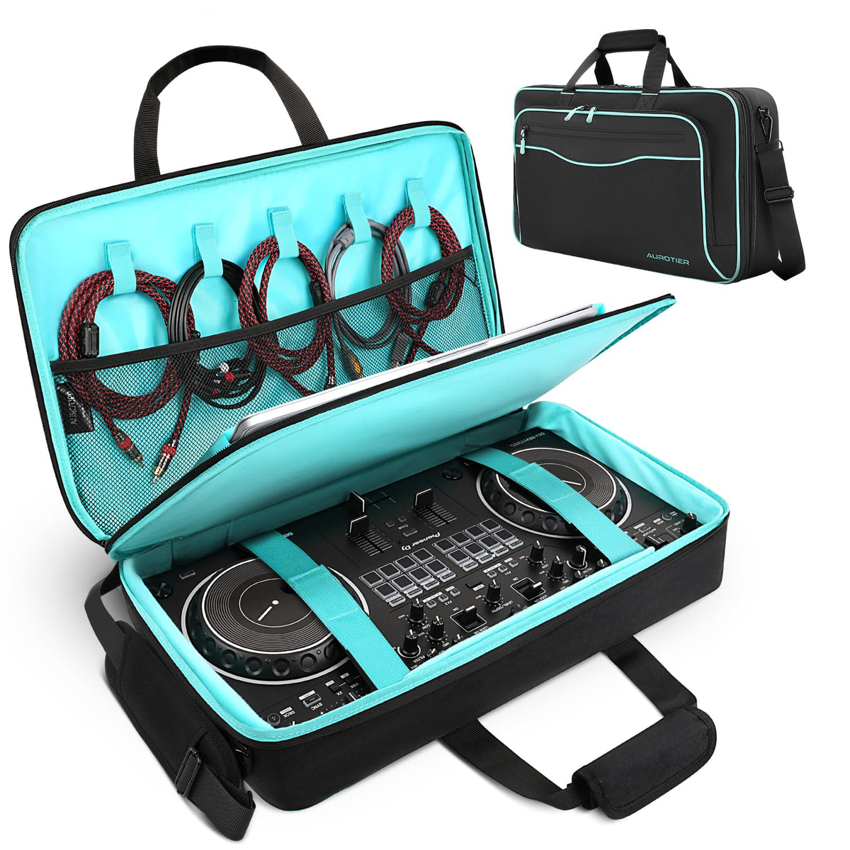 AUROTIER DJ Bag for DDJ-FLX4/DDJ 200/DDJ 400/DDJ REV1, Padded DJ Controller Crossbody Bag with 4 Pockets for 17.3 Inch Laptop, Cables, DJ Mixer Case with Adjustable Shoulder Strap for DJ Equipment