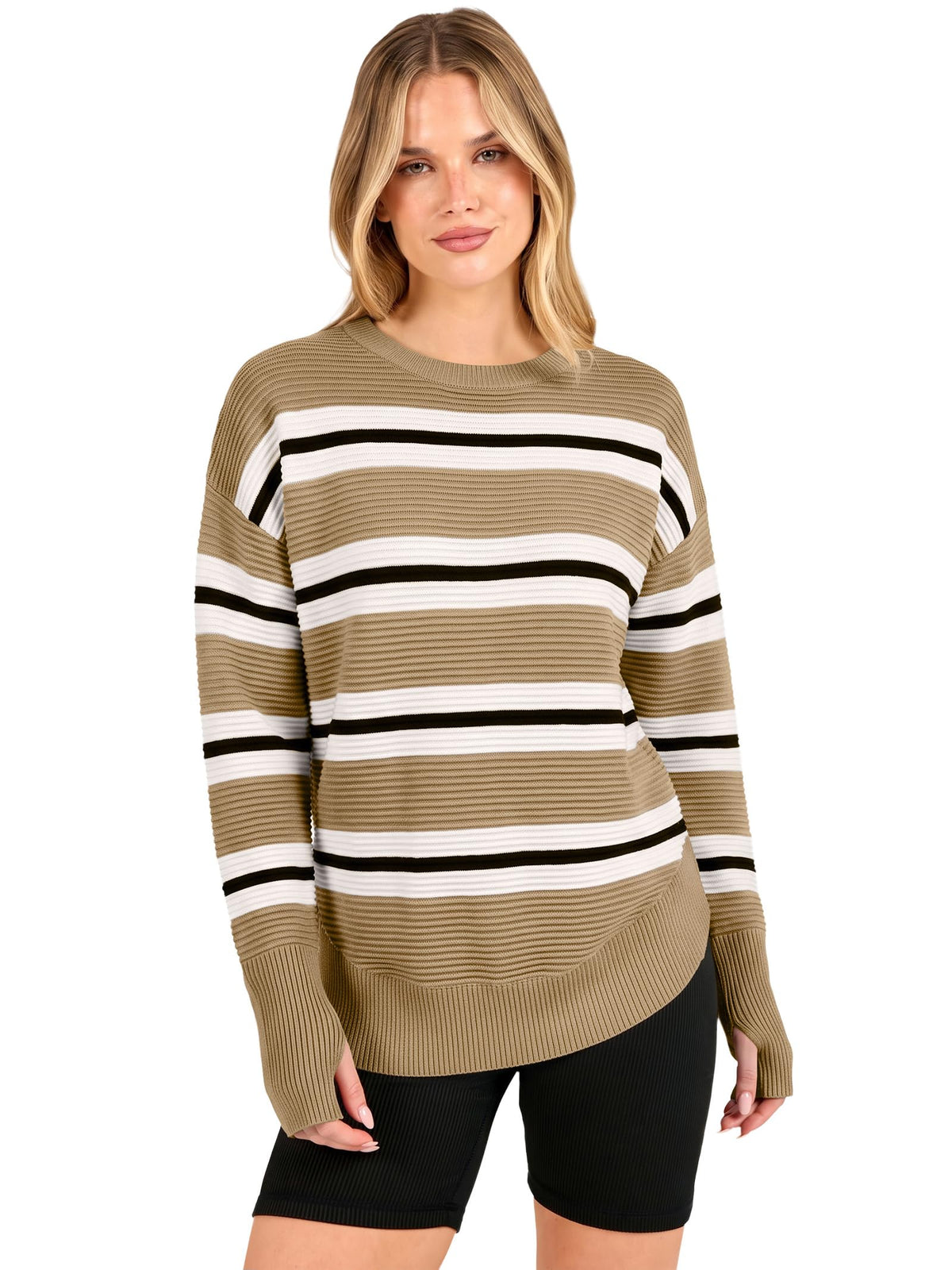 ANRABESS Women Long Sleeve Ribbed Sweaters & Thumb Hole Navy Blue L