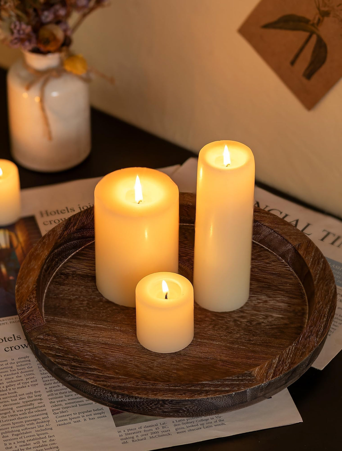 Hanobe Round Wooden Candle Holder Trays for Coffee Table, Distressed Finish