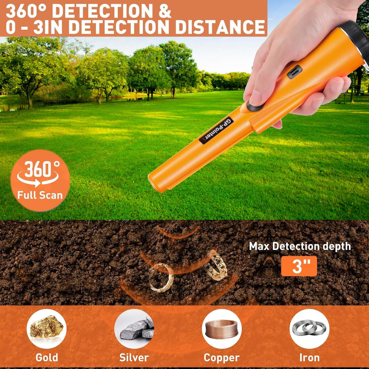 JYVY Power Pro GP-Pointers Metal Detector Pinpointer ��� Waterproof 360�� High Accuracy Search Probe for Treasure Hunting, Professional Handheld Pinpointer Wand, with 9V Battery (Sp