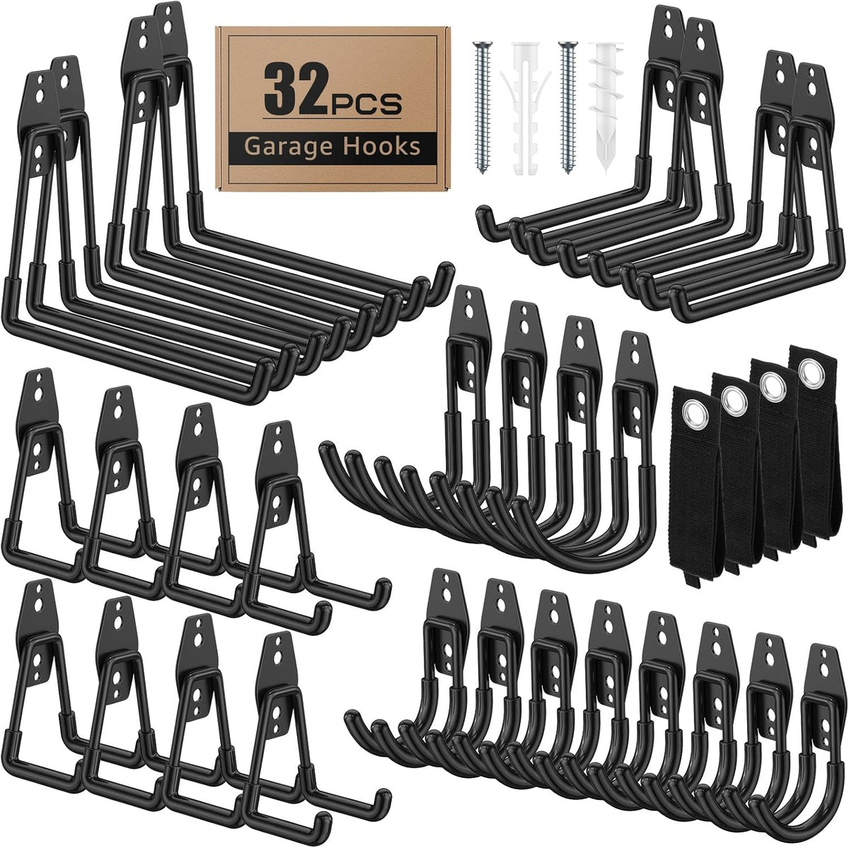 32 Pack Garage Hooks with Anti-Slip Coating Heavy Duty Wall Mount Hooks for Garage Storage and Hanging Hoses Bike Garden Tools Ropes etc