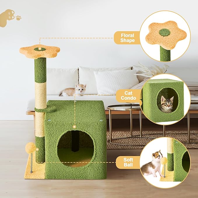 24 Inch Cat Tree Condo for Indoor Cats with Floral Sisal Scratching Post, Plush Hang Ball Play Furniture for Kittens Cats, Yellow